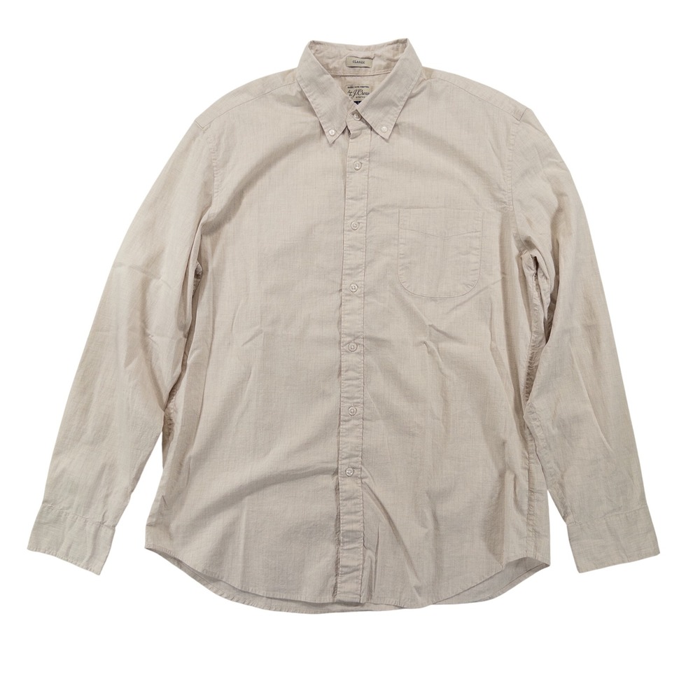 J.Crew Mens Button Down Shirt L Beige Crosshatch Secret Wash Stretch Long Sleeve